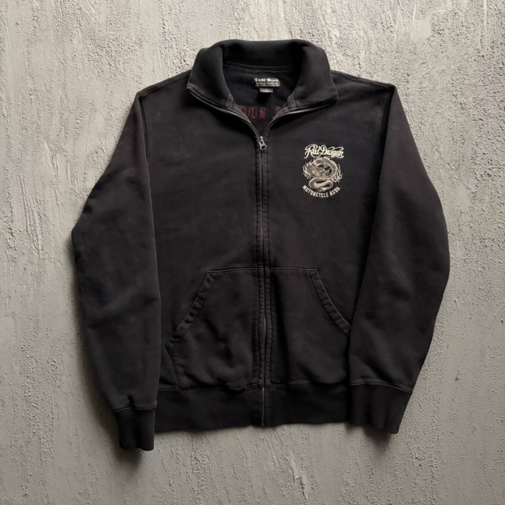Vintage Lucky Brand Full Zip Sweatshirt Medium Black 2000s Red Dragon Motorcycle